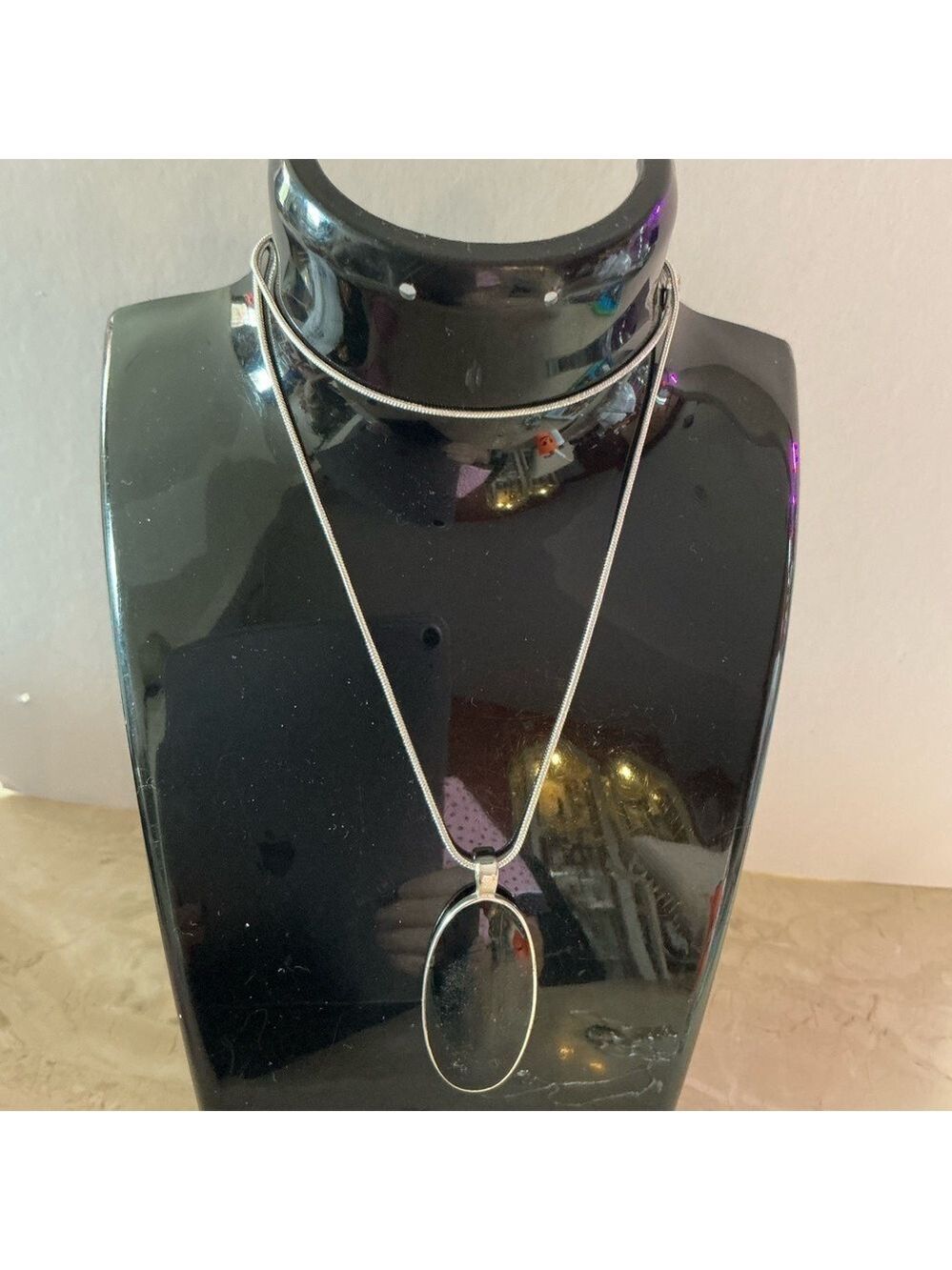 Vintage Silver Onyx Oval Pendant Necklace